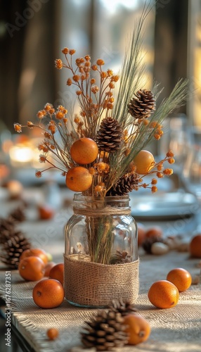 Autumn Centerpiece With Orange Fruits and Pine Cones Arranged in a Glass Jar ...