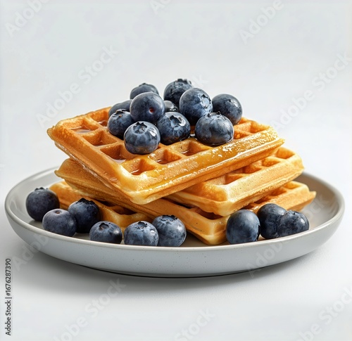 Stack of Freshly Made Waffles Topped With Blueberries on a Gray Plate
