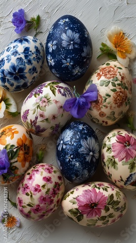 Colorful Decorative Eggs Surrounded by Spring Flowers on a Textured Background.