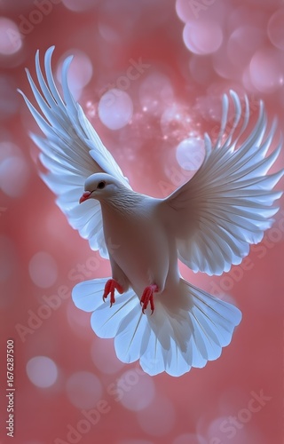 Elegant White Dove in Flight Against a Vibrant Red Backdrop During Daylight.