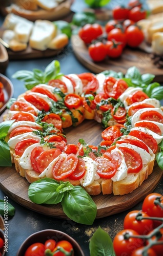 Fresh Tomato and Mozzarella Salad Served With Basil on Wooden Platter in Brig...