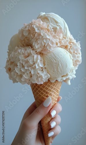Delicious Ice Cream Cone Topped With Beautiful Floral Arrangements in Soft Co...