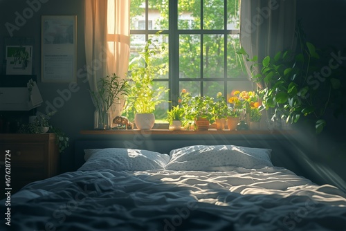 Cozy Bedroom With Green Plants and Sunlight Streaming Through the Window Duri...