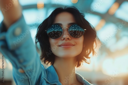 Woman Wearing Sunglasses Smiles and Poses in Sunny Urban Setting During Golde...