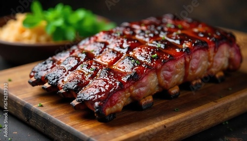 Juicy, perfectly grilled barbecue ribs glistening with smoky sauce, resting on a rustic wooden board Close-up shot highlighting the texture and color of the meat , color, ribs, feast