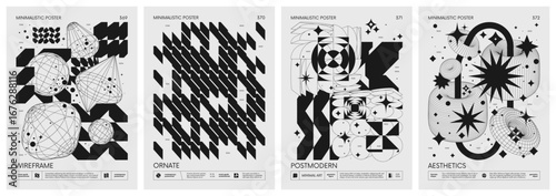 Brutalism style vector minimalistic Posters with silhouette postmodern figures, Futuristic abstract graphic wireframe elements of geometric shapes rave composition, Trendy modern print artwork set 93
