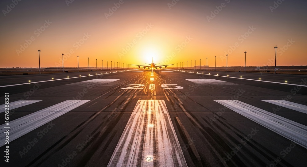 Obraz premium Airplane approaching runway during a beautiful sunset with dramatic lighting