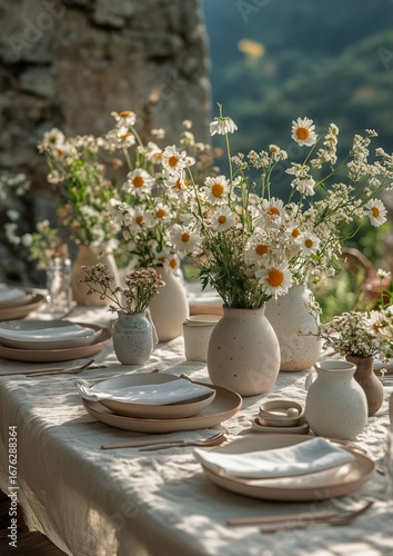 Elegant Outdoor Dining Setup With Floral Centerpieces Alongside a Scenic Wate...