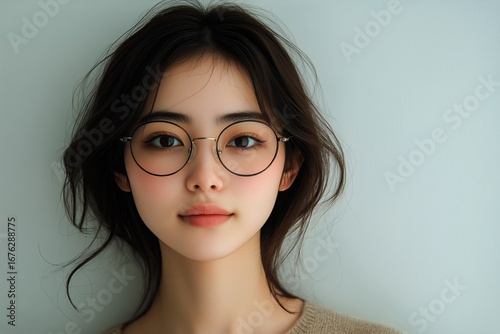 Young Woman Wearing Glasses With Soft Makeup Posing Against a Light Backgroun...