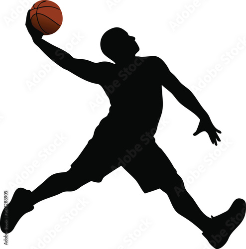 Dynamic silhouette of basketball player dunking ball mid-air action sport athleticism game silhouette