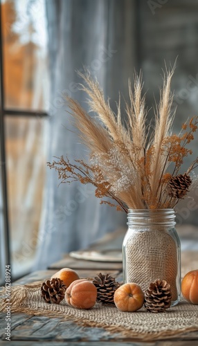 Autumn Centerpiece With Orange Fruits and Pine Cones Arranged in a Glass Jar ...