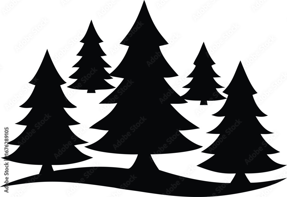 Obraz premium Flat Isometric Vector of Coniferous Forest Silhouettes – Minimalist Black and White Pine, Evergreen and Christmas Tree Illustration