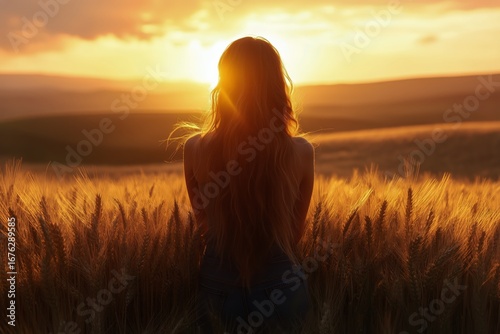 Woman Enjoying the Sunset in a Golden Field of Wheat at Dusk.