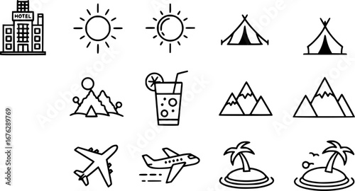 
summer travel icon set. holiday tour icons for app and website containing hotel sun camp mountain drink plane island. transparent png and vector.