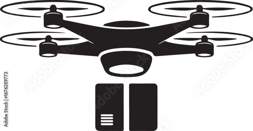 Black drone carrying cargo quadcopter aerial vehicle