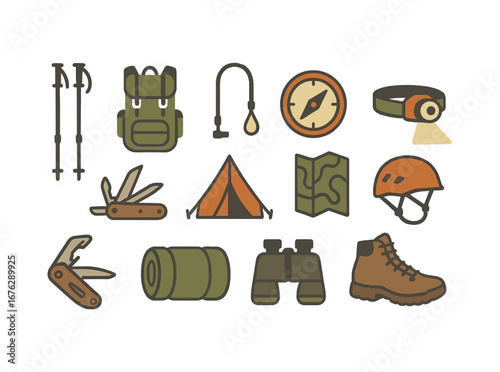 Camping and hiking flat icon set. adventure, outdoor equipment, nature symbols collection