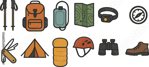 Camping, hiking flat icon set. backpacking gear, adventure essentials flat collection