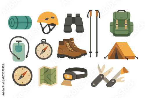 Outdoor camping flat icon set. adventure, hiking, travel, equipment essentials