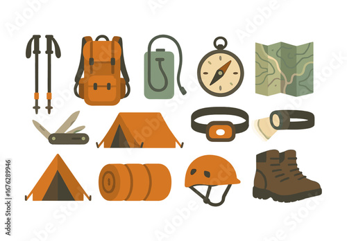 Camping gear flat icon set. adventure, hiking essentials, outdoor equipment icons