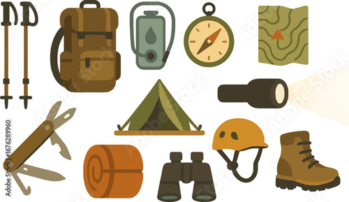Camping essentials silhouette icon set. backpack, tent, compass, hiking tools