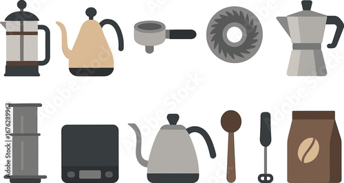 Coffee preparation flat icon set. brewing, equipment, kitchen, café essentials