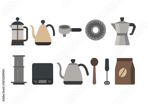 Coffee brewing equipment icon set. essential flat icons for coffee lovers