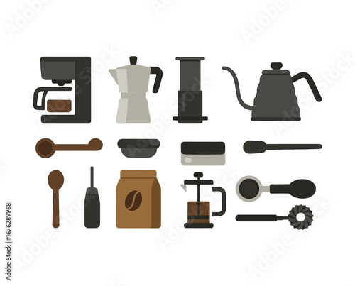 Coffee brewing equipment flat icon set. essential tools, accessories, beverage