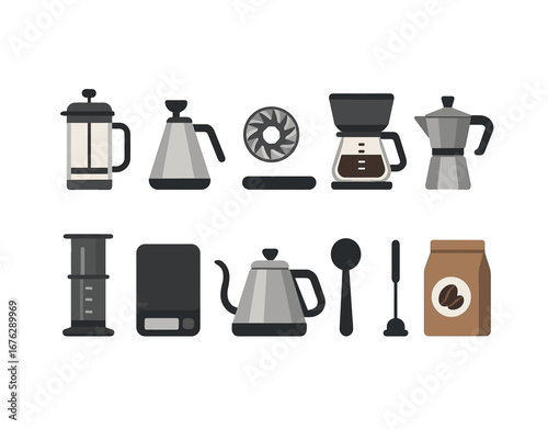 Coffee brewing flat icon set. french press, grinder, coffee pot flat illustration