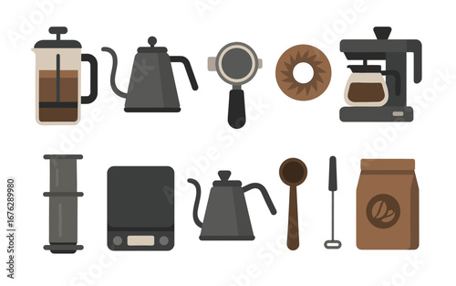 Coffee tools icon set. barista equipment and brewing accessories flat style pack
