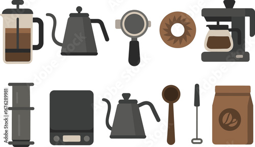 Coffee brewing flat icon set. french press, espresso, and kettle icons in flat style