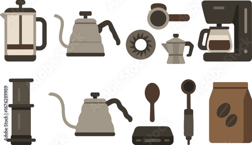 Coffee brewing flat icon set. french press, espresso, coffee grinder icons collection