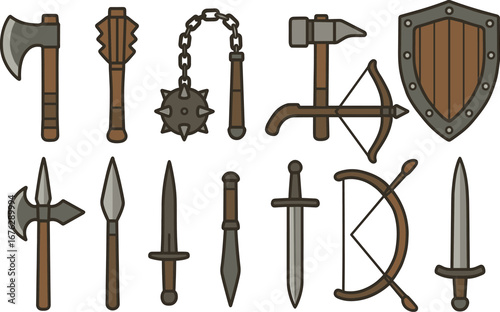 Medieval warfare icon set. weapons and armor flat icons collection