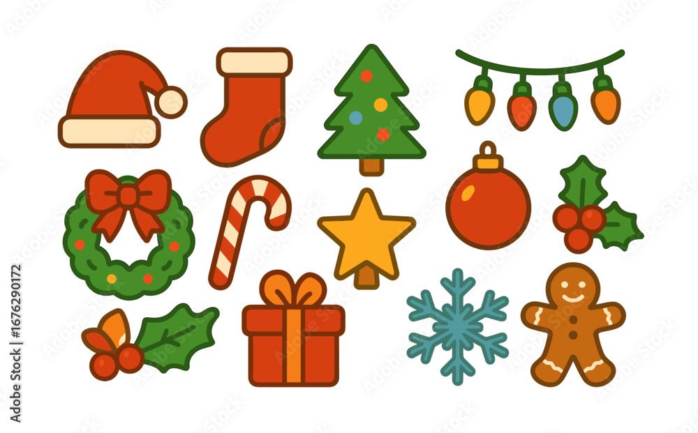 Fototapeta premium Christmas, holiday flat icon set. festive, season, decoration icons flat collection