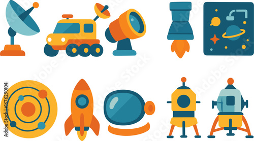 Space exploration flat icon set. rocket, satellite, telescope, astronaut flat icons