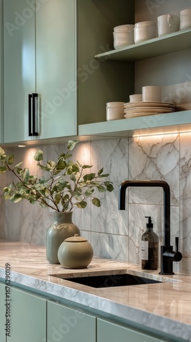 Modern Kitchen Design Featuring a Stylish Sink and Green Cabinetry With Elega...