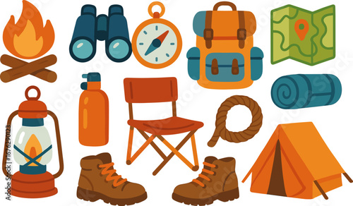 Outdoor adventure flat icon set. camping, hiking, backpacking icons flat collection