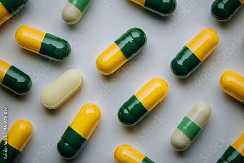Brightly Colored Capsules and Pills Arranged Artistically on a Clean Surface.