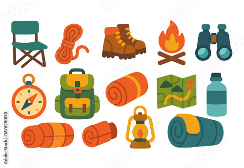 Camping gear icon set. outdoor adventure essentials in flat style