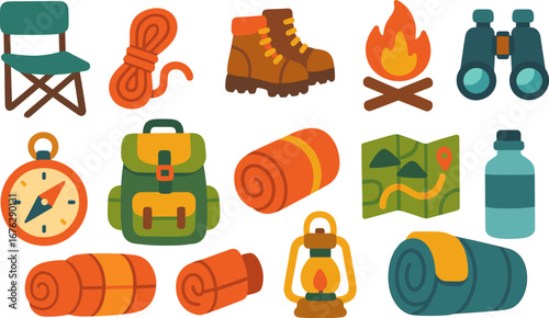 Camping and hiking flat icon set. adventure gear, essentials, and outdoor symbols