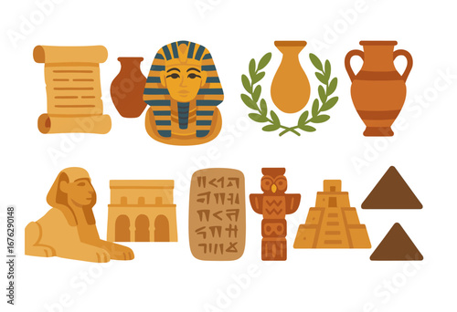 Ancient egypt icon set: flat style symbols including pyramids, scrolls, sphinx, hieroglyphs