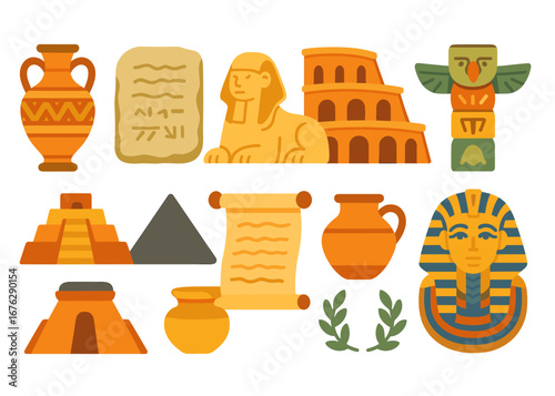 Ancient civilizations flat icon set. history, culture, archaeology icons collection