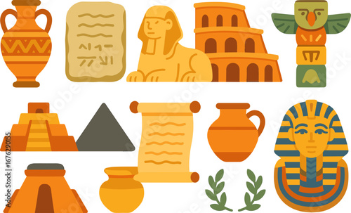 Historical landmarks flat icon set. ancient world, monument, travel, architecture icons