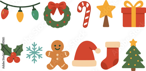 Holiday and christmas flat icon set. celebration, festive symbols, holiday decor icons
