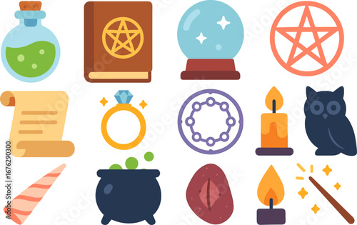 Magic and witchcraft flat icon set for mystical elements and spellbound themes