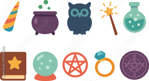 Magic-themed flat icon set. wand, cauldron, and more enchanting icons collection