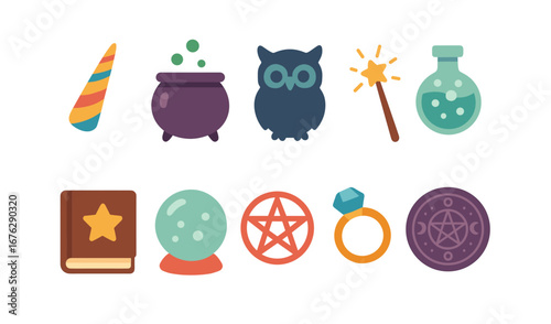 Magic, witchcraft flat icon set. potions, wizardry elements flat style collection
