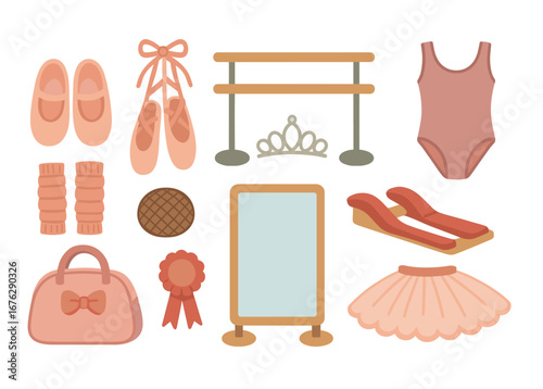 Ballet, dance flat icon set. shoes, outfits and accessories in flat illustrations