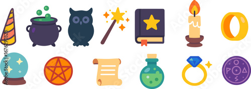 Magic and fantasy flat icon set. wand, potion, book, and ring icons in flat style