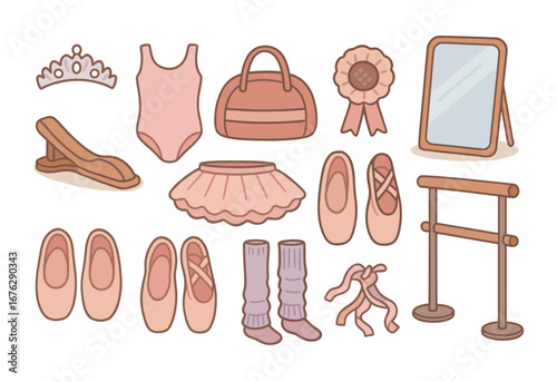 Ballet essentials icon set. dance accessories outline icons, ballet shoes, mirror, tutu