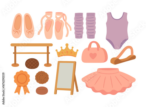 Ballet accessories flat icon set. dance, outfit, pointe shoes, training essentials